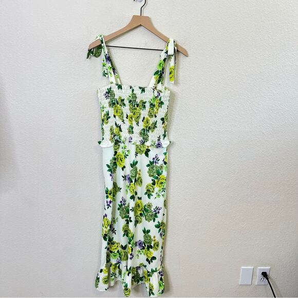 Amanda Uprichard x Revolve Green Floral Smocked Sleeveless Ruffle Midi Dress M - Picture 10 of 11